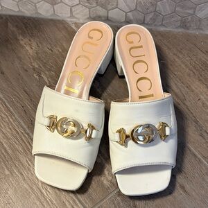 Gucci Cream Leather Mules with Gold GG Hardware